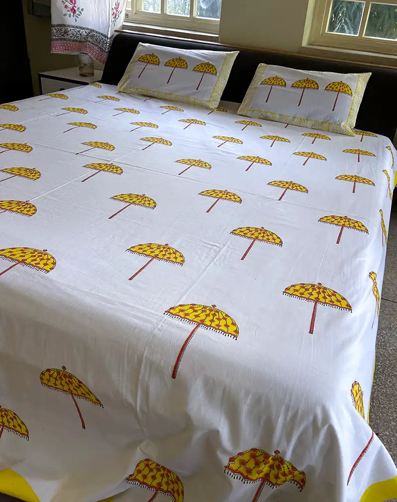 Umbrella Hand Block Printed Cotton Bedsheet
