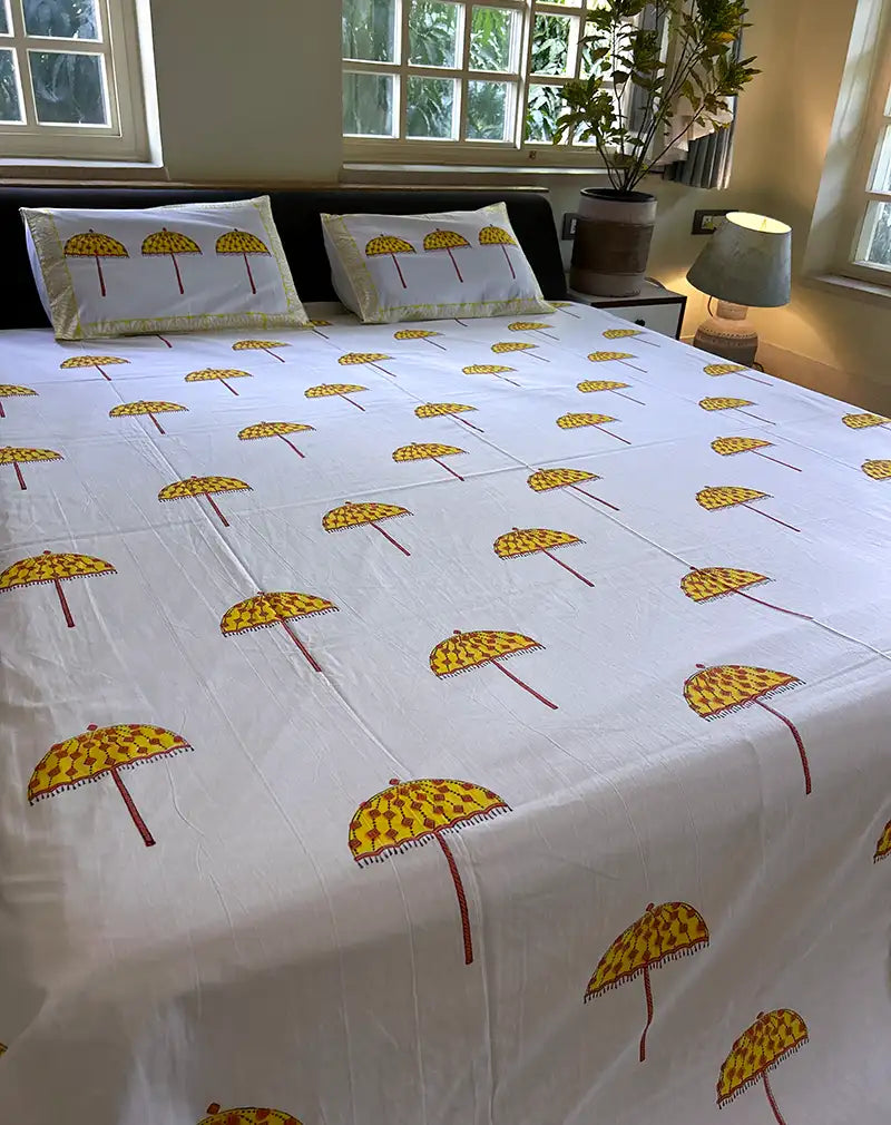 Umbrella Hand Block Printed Cotton Bedsheet