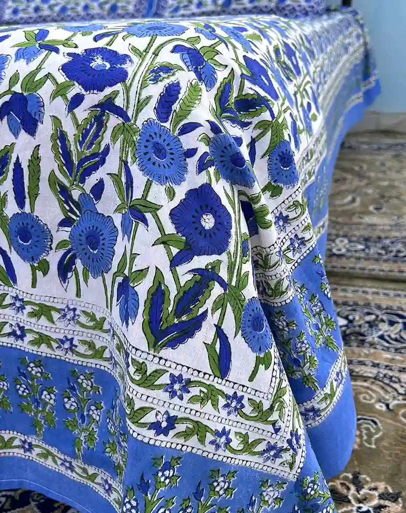 Blue Flower Hand Block Printed Cotton Bedsheet