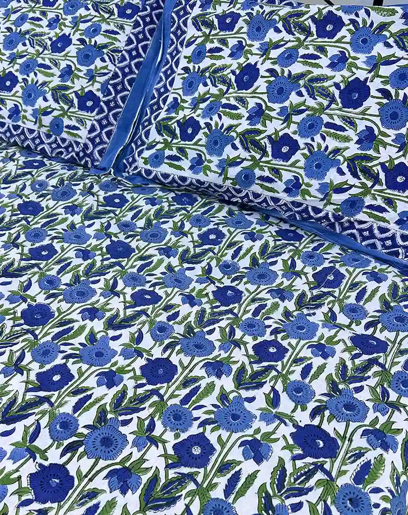 Blue Flower Hand Block Printed Cotton Bedsheet