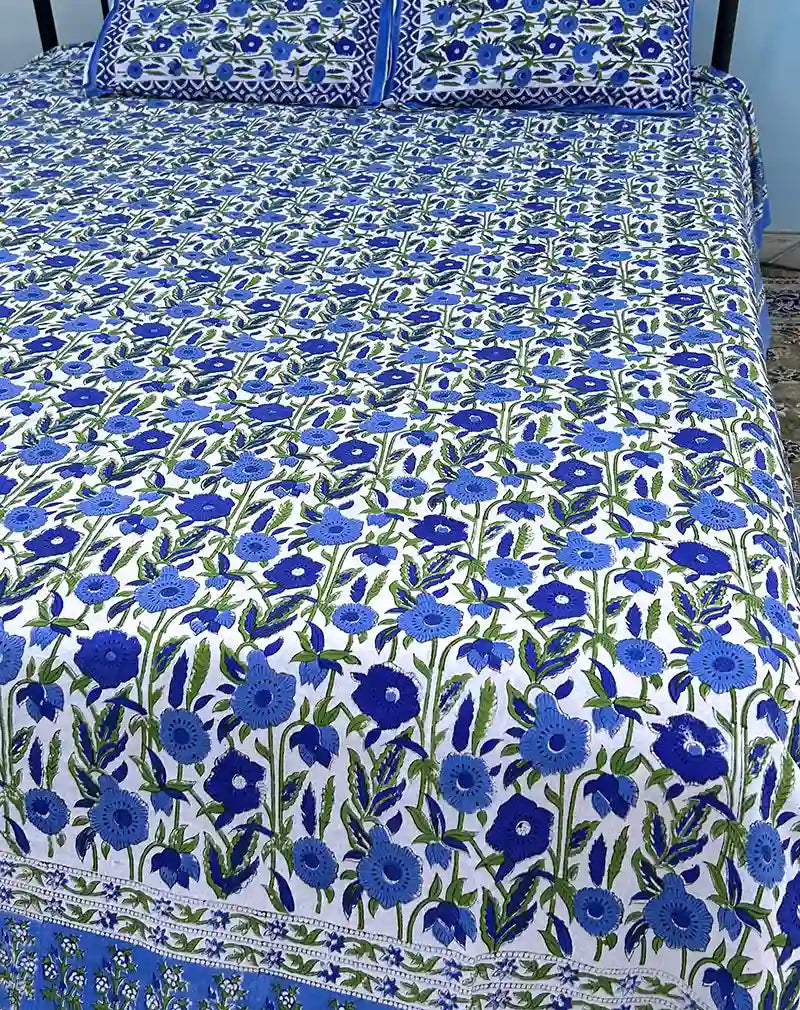 Blue Flower Hand Block Printed Cotton Bedsheet
