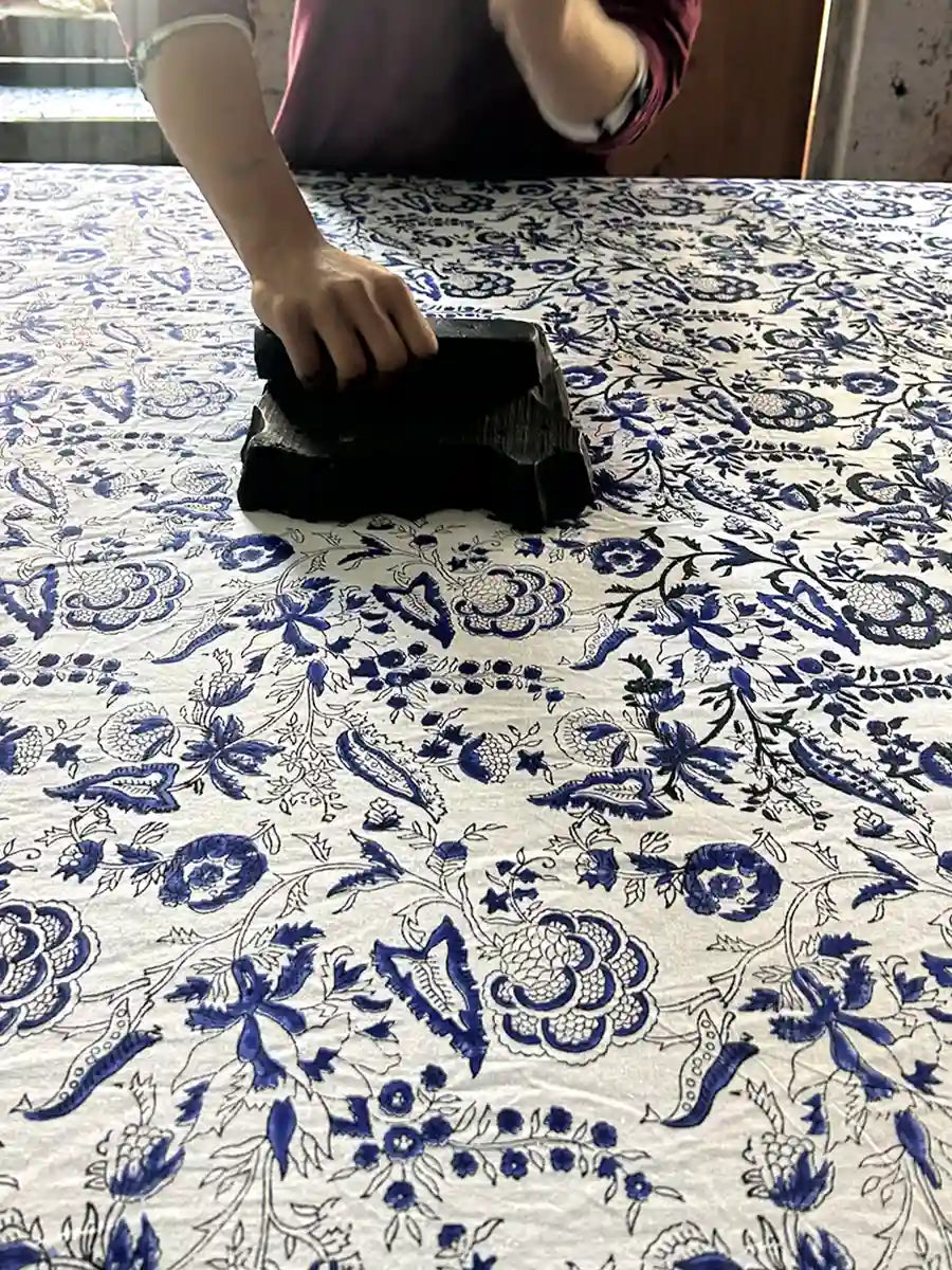 Blue Ivory Hand Block Printed Cotton Bedsheet