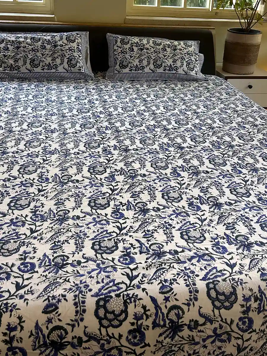 Blue Ivory Hand Block Printed Cotton Bedsheet