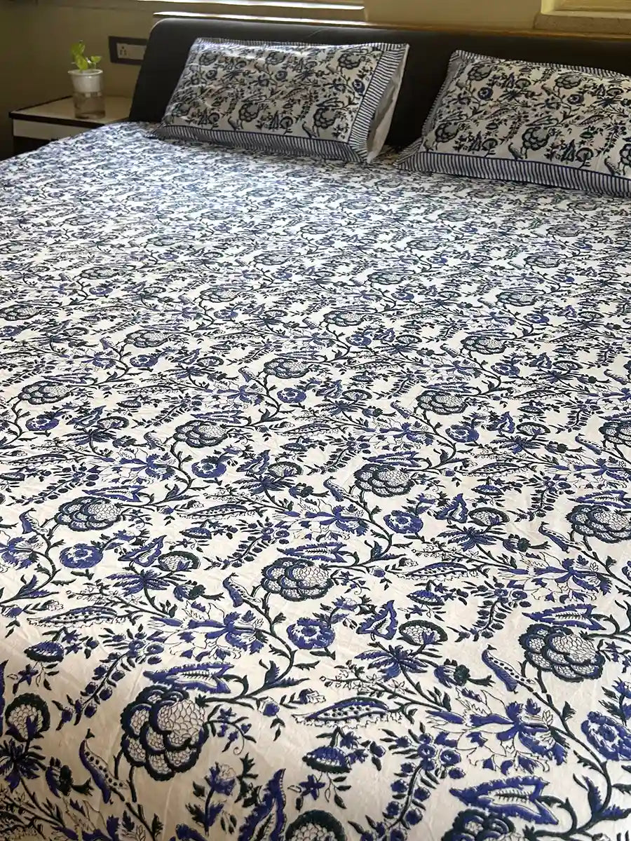 Blue Ivory Hand Block Printed Cotton Bedsheet