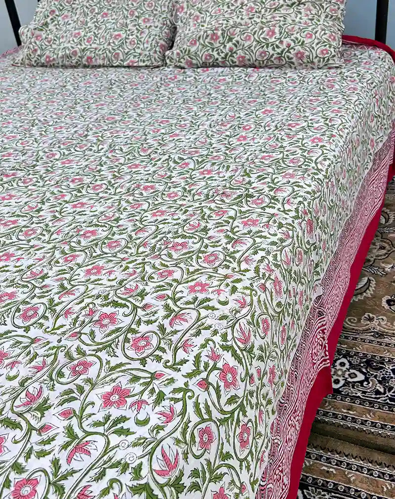 Green and Red Hand Block Printed Cotton Bedsheet