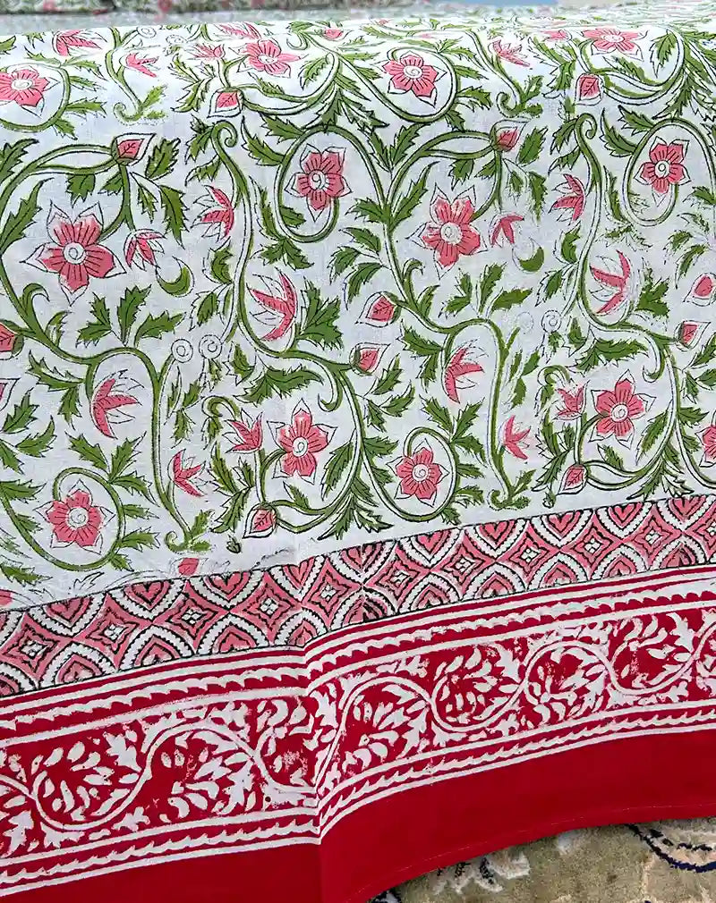Green and Red Hand Block Printed Cotton Bedsheet