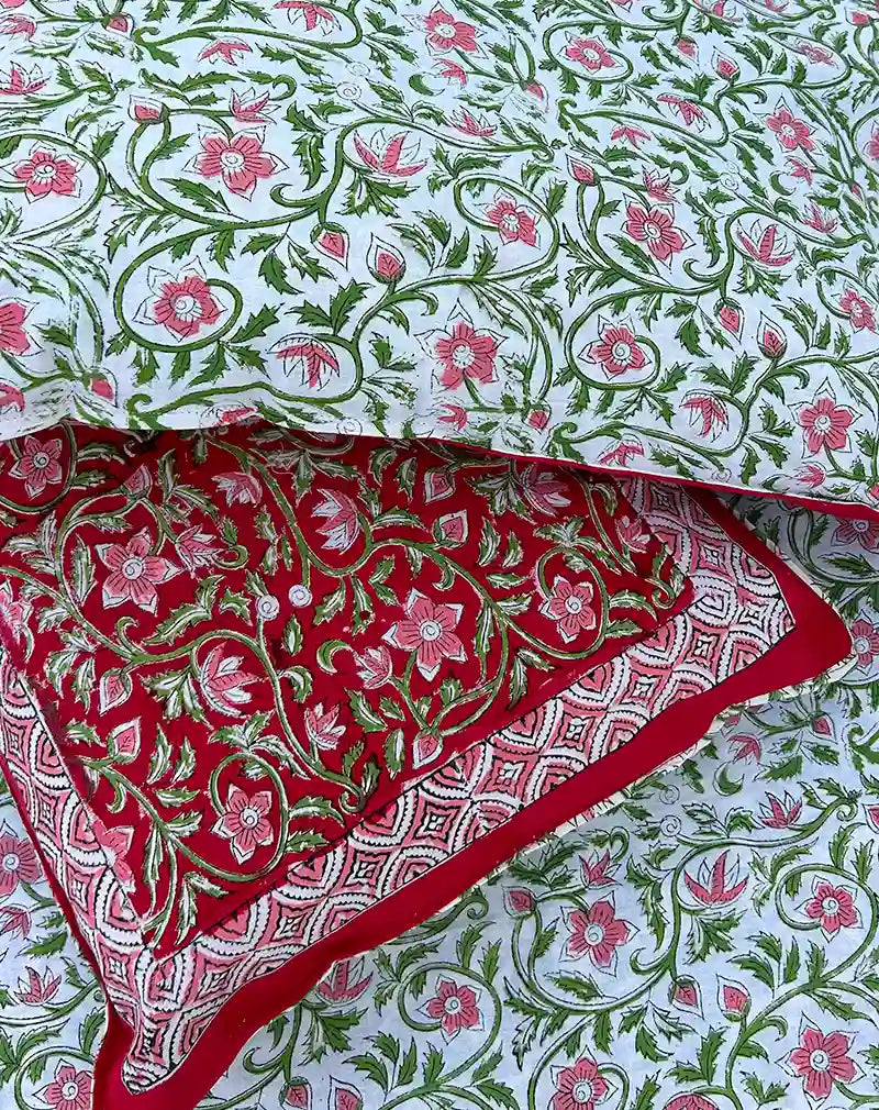 Green and Red Hand Block Printed Cotton Bedsheet