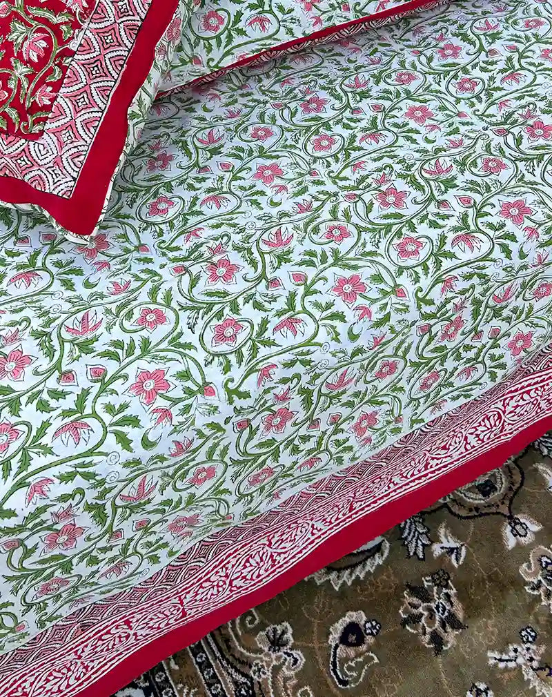 Green and Red Hand Block Printed Cotton Bedsheet