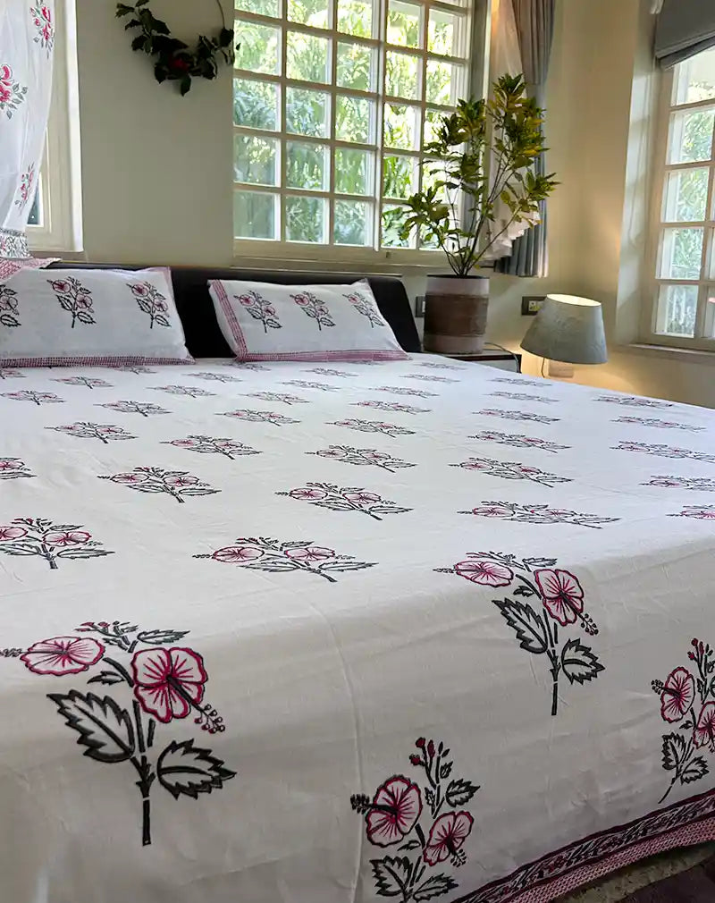 Gudhal Hand Block Printed Cotton Bedsheet