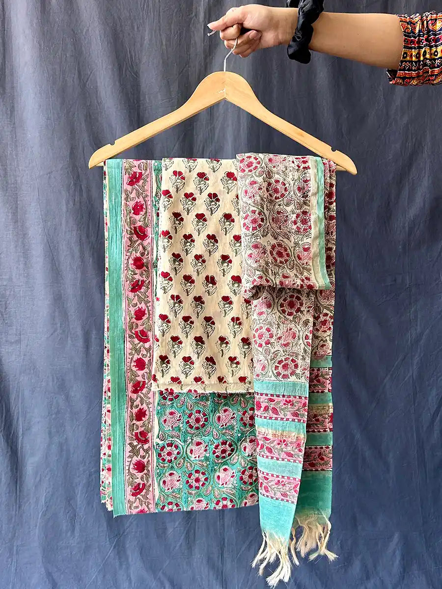 Hand Block Cotton Suit Set With Chanderi Silk Dupatta, Ferni