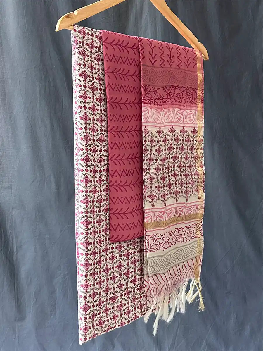 Hand Block Cotton Suit Set With Chanderi Silk Dupatta, Pansy