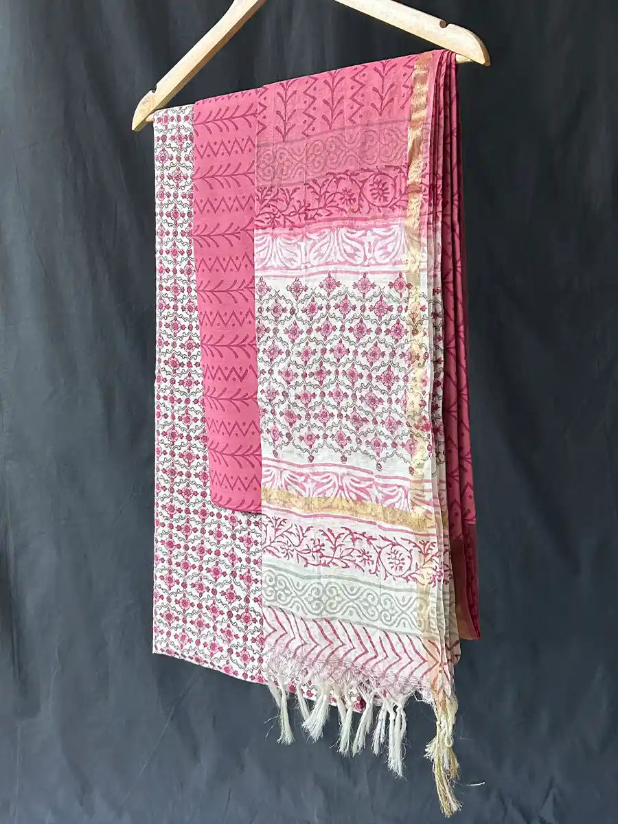 Hand Block Cotton Suit Set With Chanderi Silk Dupatta, Pansy