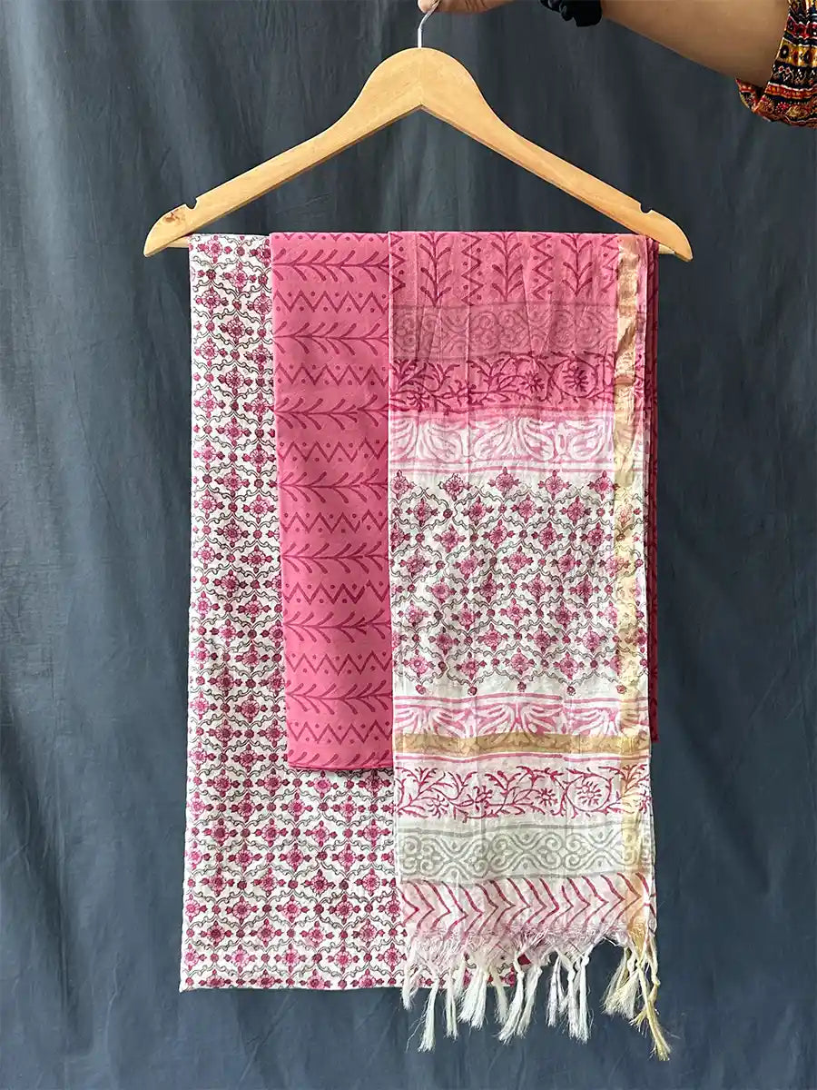 Hand Block Cotton Suit Set With Chanderi Silk Dupatta, Pansy
