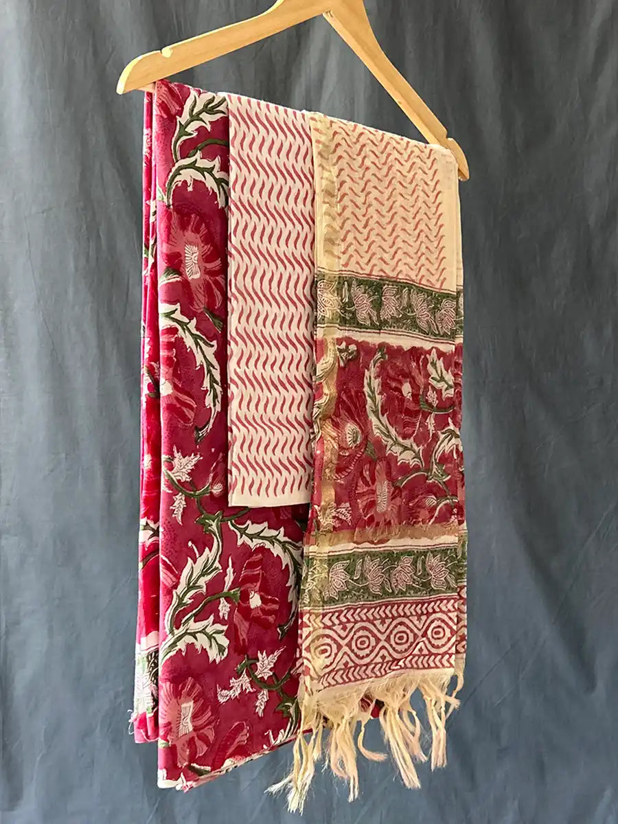 Hand Block Cotton Suit Set With Chanderi Silk Dupatta, Spring