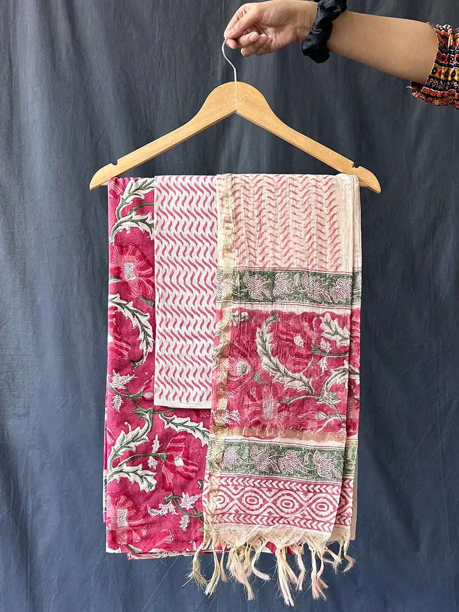 Hand Block Cotton Suit Set With Chanderi Silk Dupatta, Spring