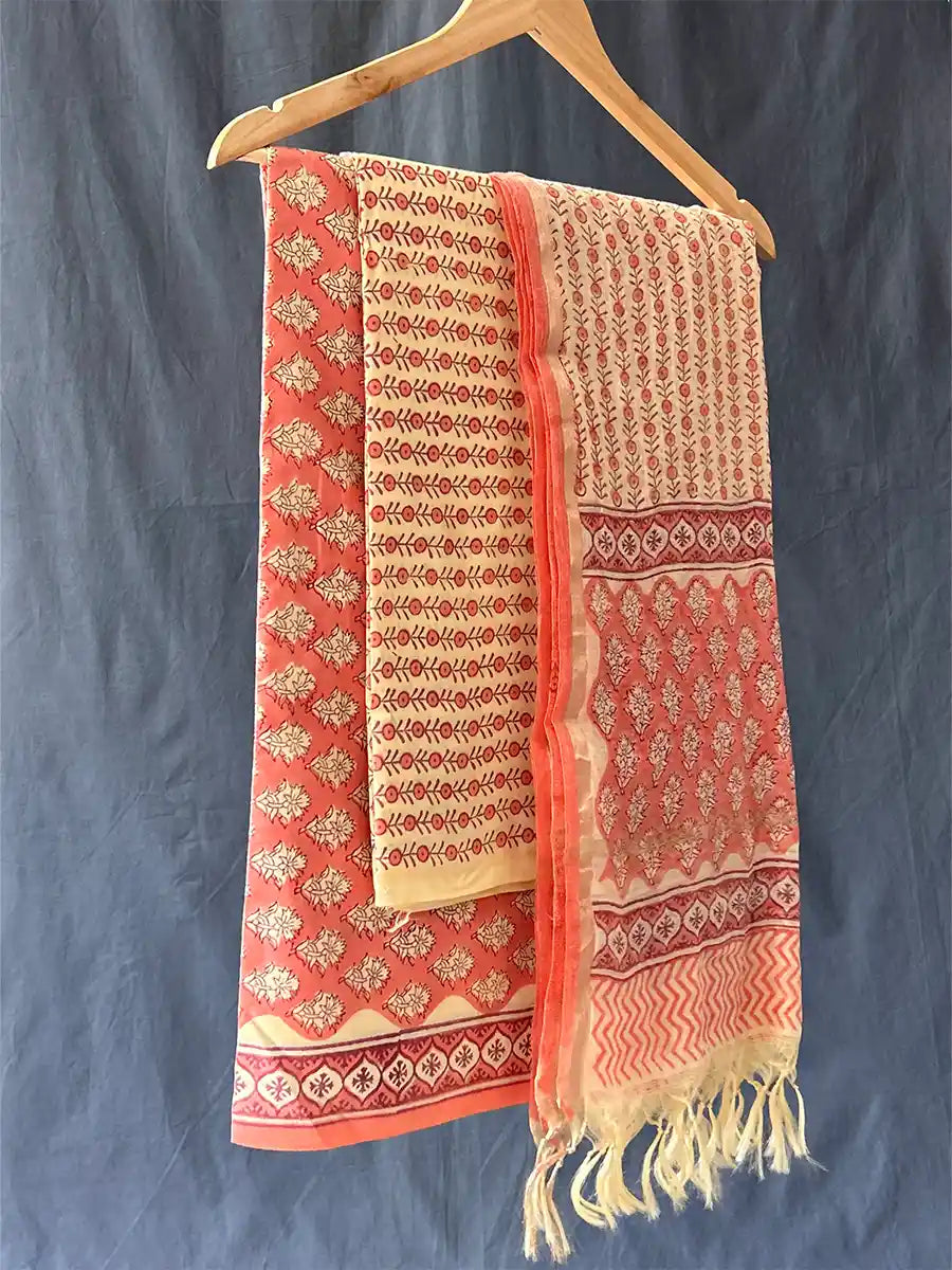 Hand Block Cotton Suit Set With Chanderi Silk Dupatta, Zinnia