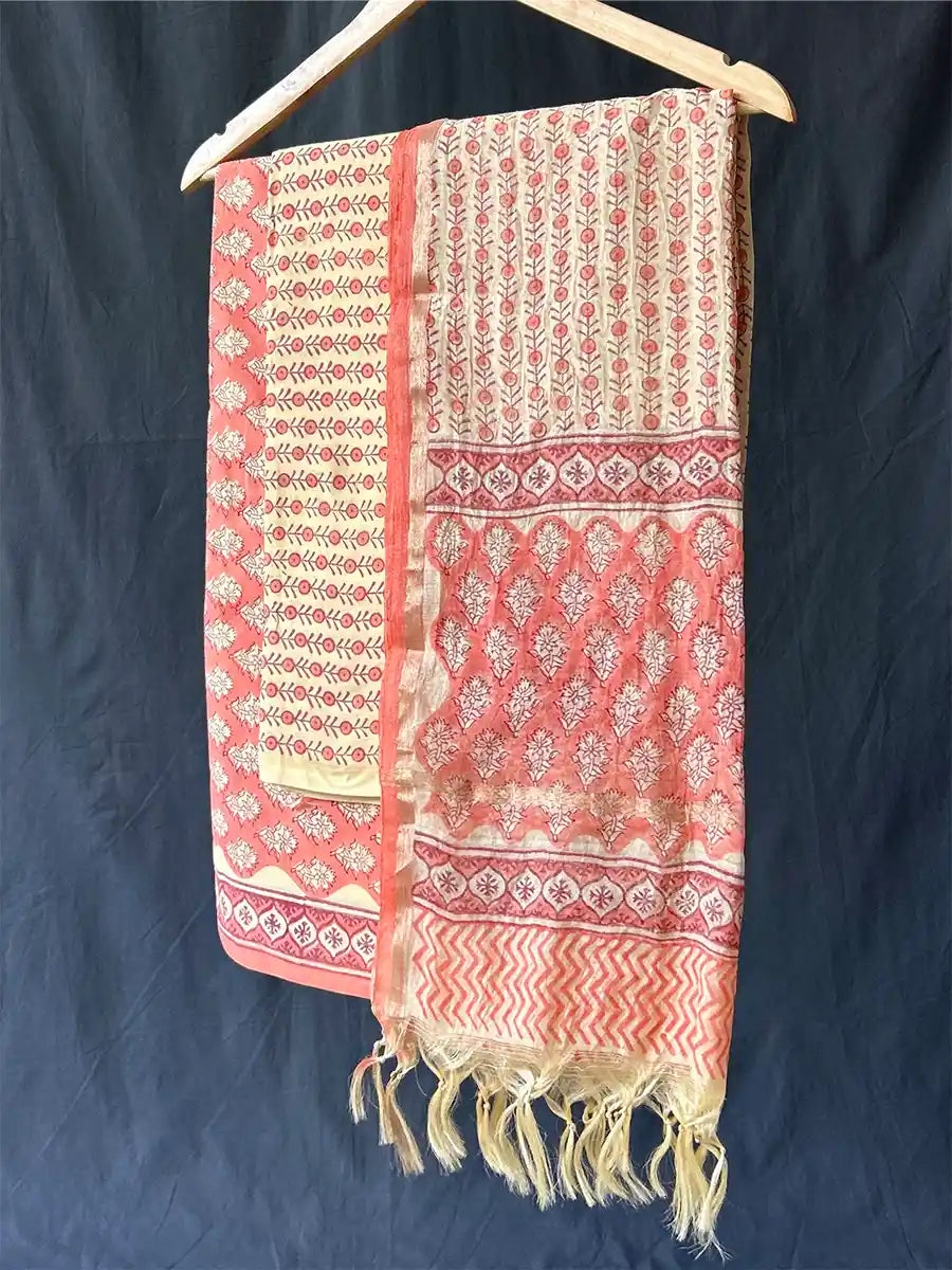 Hand Block Cotton Suit Set With Chanderi Silk Dupatta, Zinnia