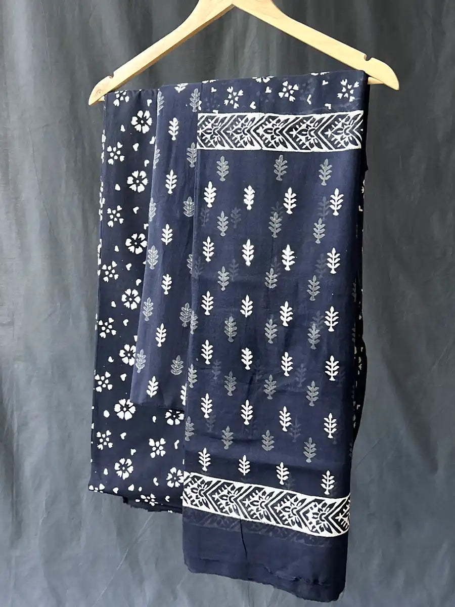 Hand Block Cotton Suit Set With Mulmul Dupatta, Freesia
