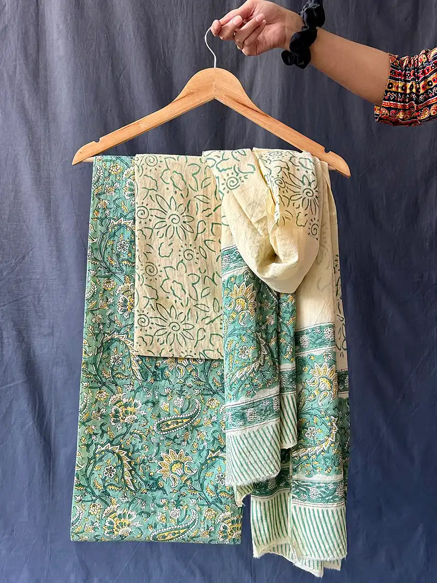 Hand Block Cotton Suit Set With Mulmul Dupatta, Orchid