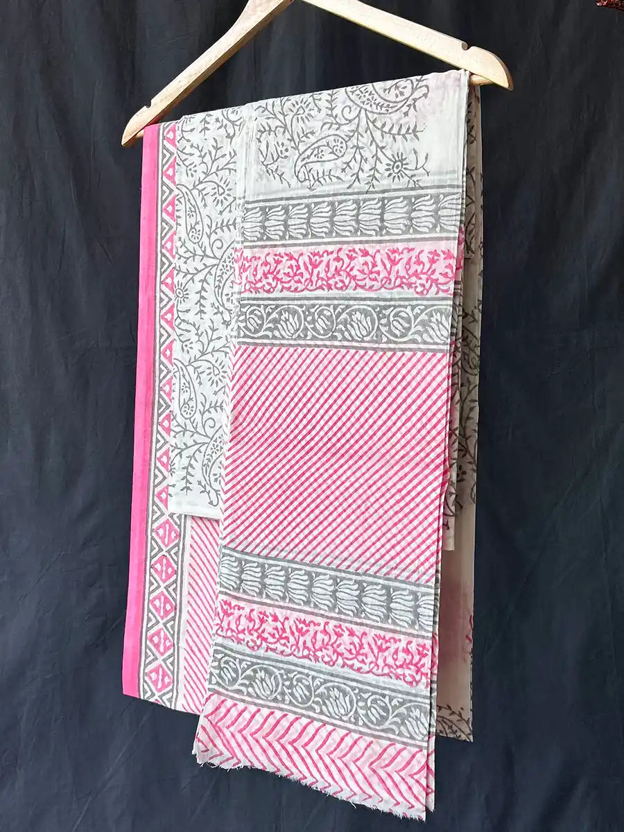 Hand Block Cotton Suit Set With Mulmul Dupatta, Prima