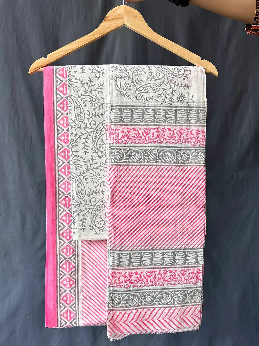 Hand Block Cotton Suit Set With Mulmul Dupatta, Prima