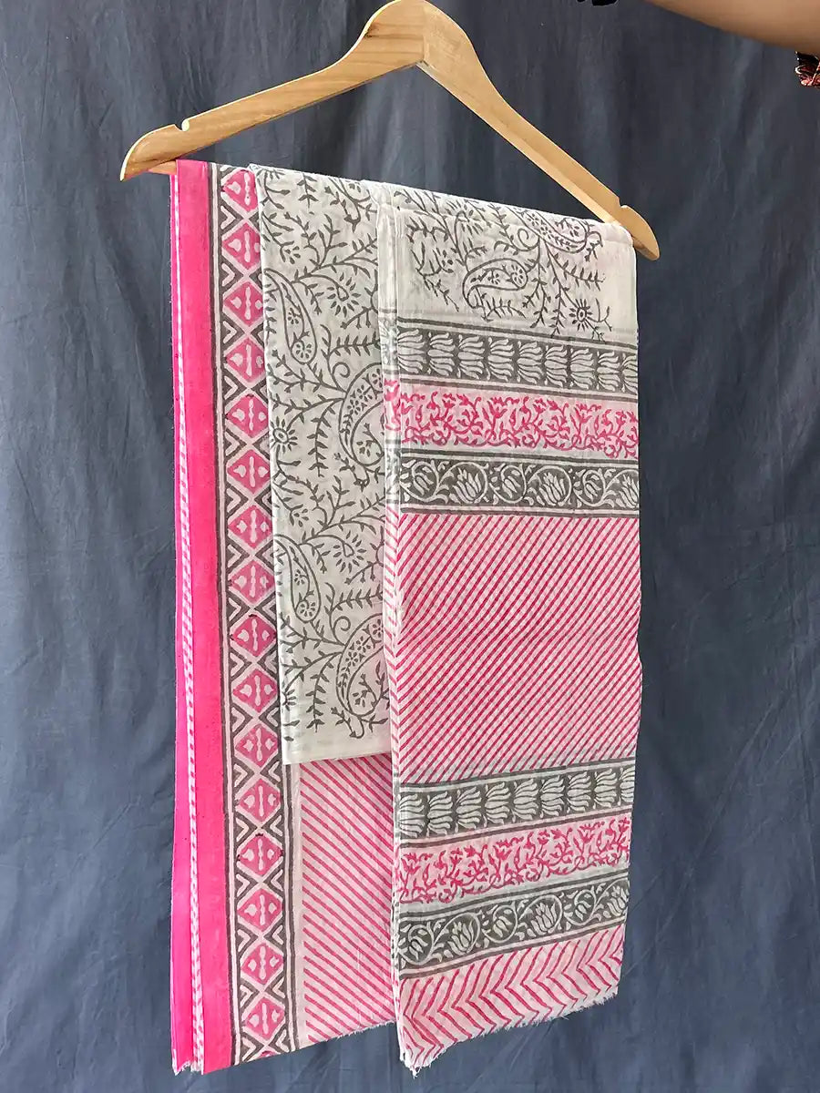 Hand Block Cotton Suit Set With Mulmul Dupatta, Prima