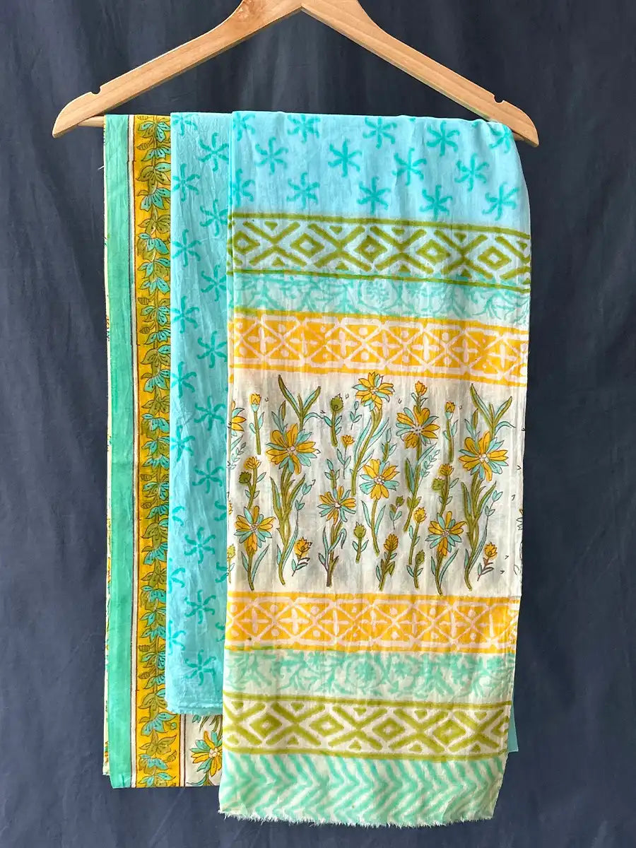 Hand Block Cotton Suit Set With Mulmul Dupatta, Yarrow