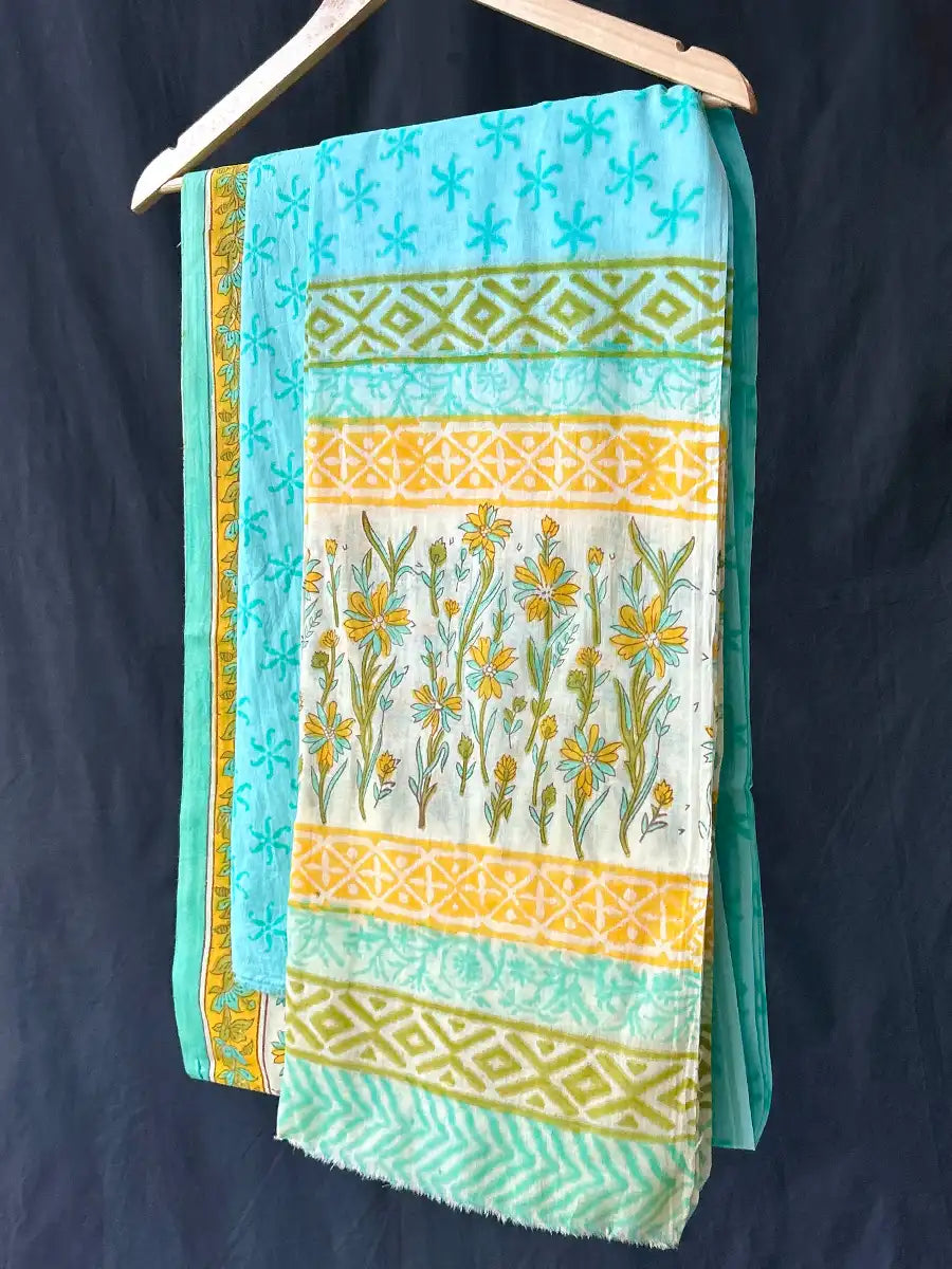 Hand Block Cotton Suit Set With Mulmul Dupatta, Yarrow