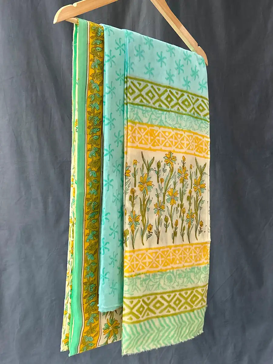 Hand Block Cotton Suit Set With Mulmul Dupatta, Yarrow