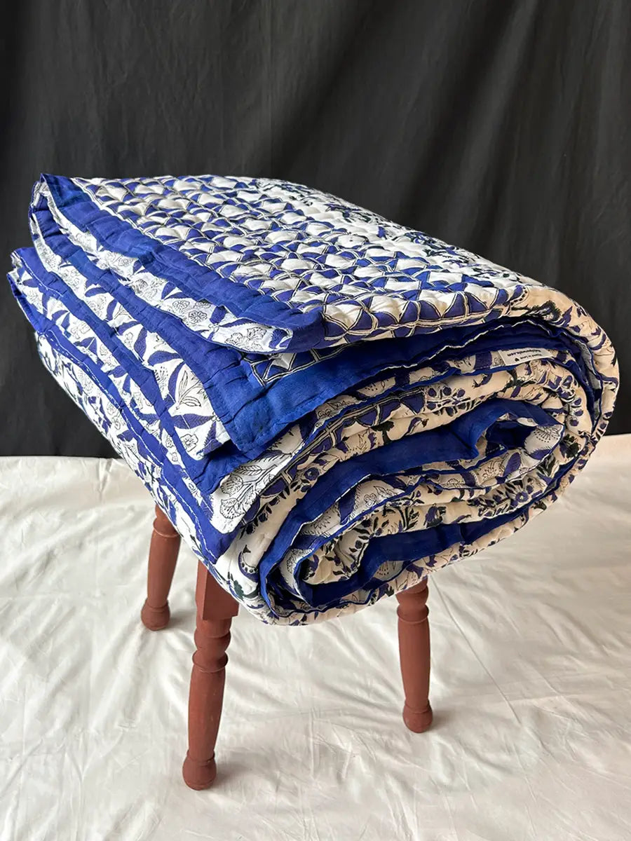 Organic Mulmul Cotton Quilt - Blue Ivory