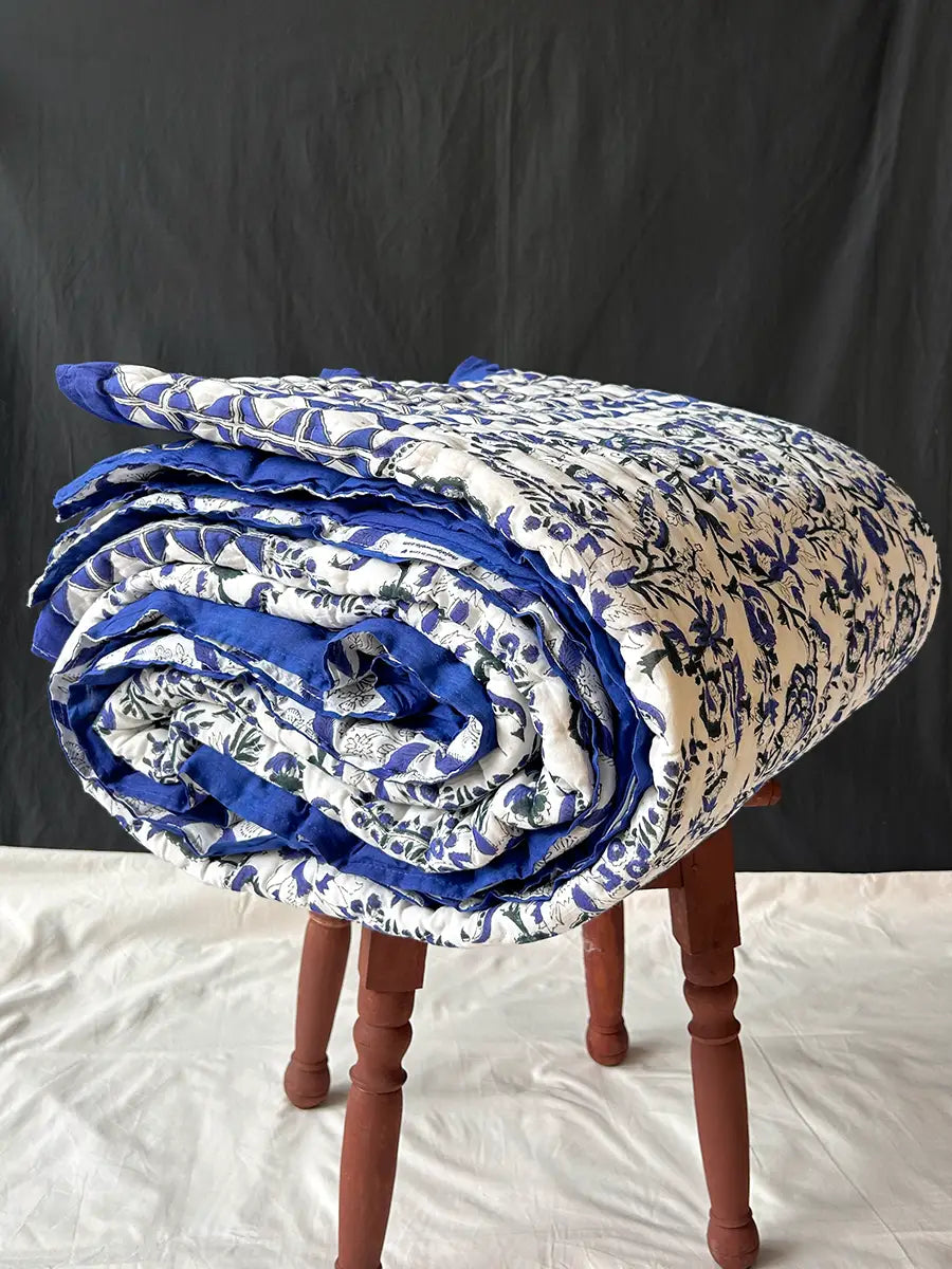 Organic Mulmul Cotton Quilt - Blue Ivory