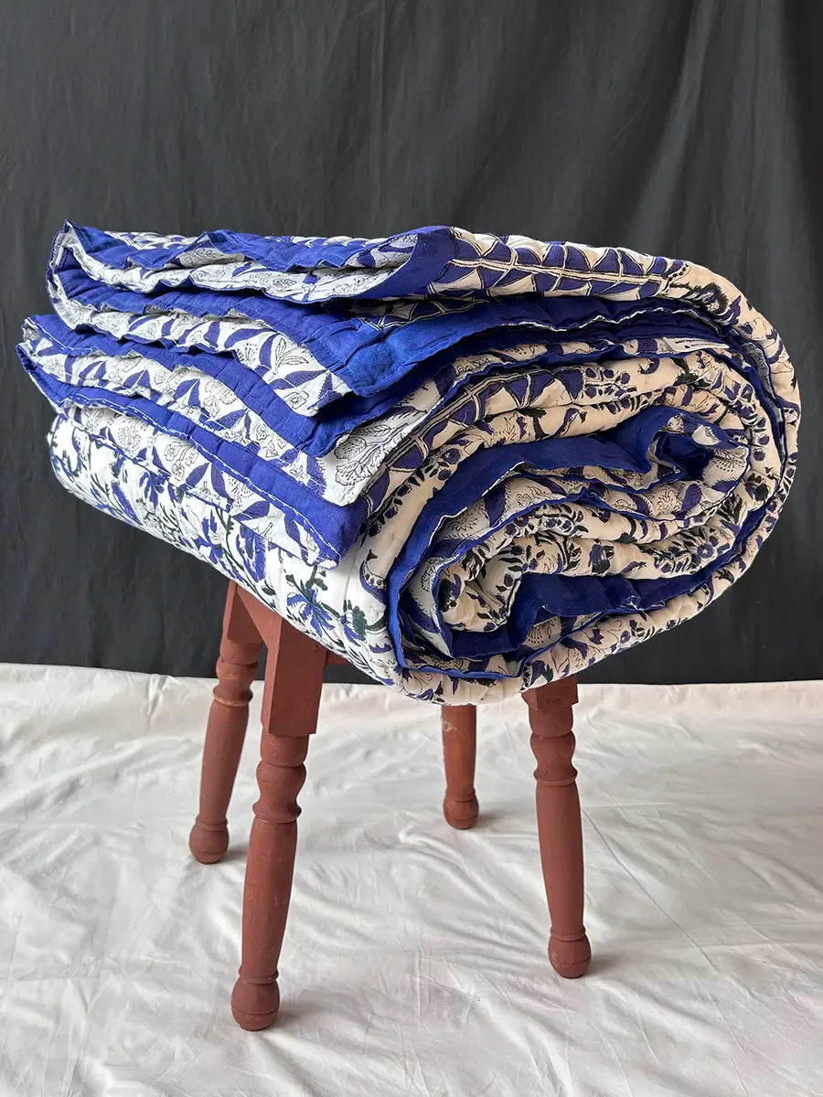Organic Mulmul Cotton Quilt - Blue Ivory