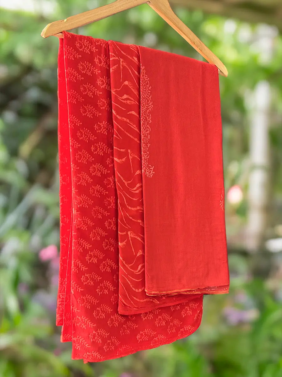 Organic Muslin Cotton Hand Block Suit Set, Red Pop