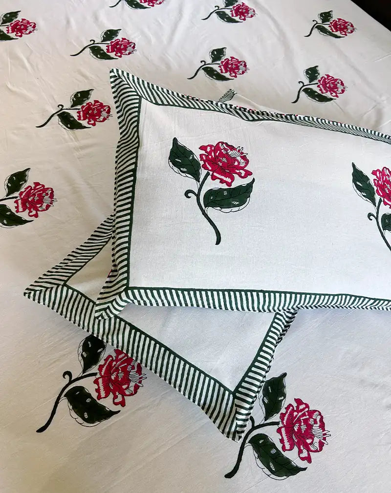 Rose Hand Block Printed Cotton Bedsheet