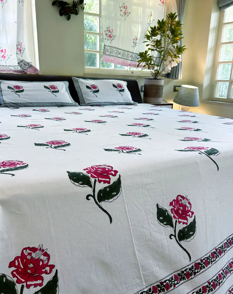 Rose Hand Block Printed Cotton Bedsheet