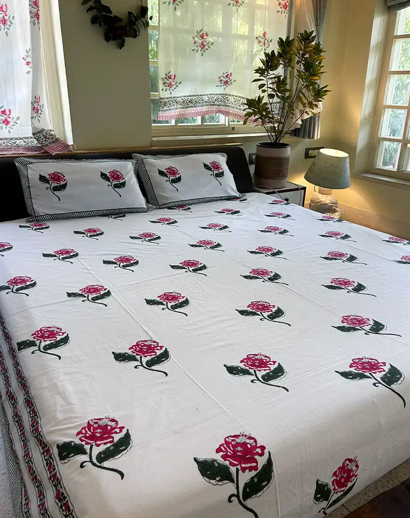 Rose Hand Block Printed Cotton Bedsheet