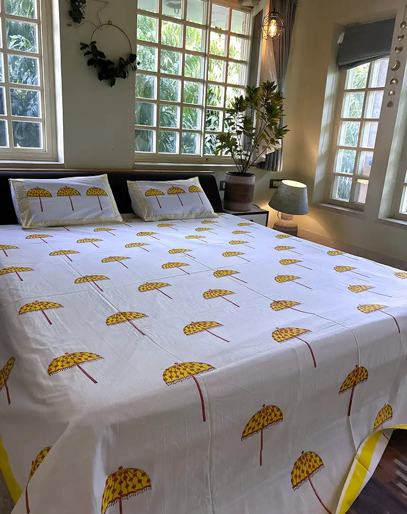 Umbrella Hand Block Printed Cotton Bedsheet