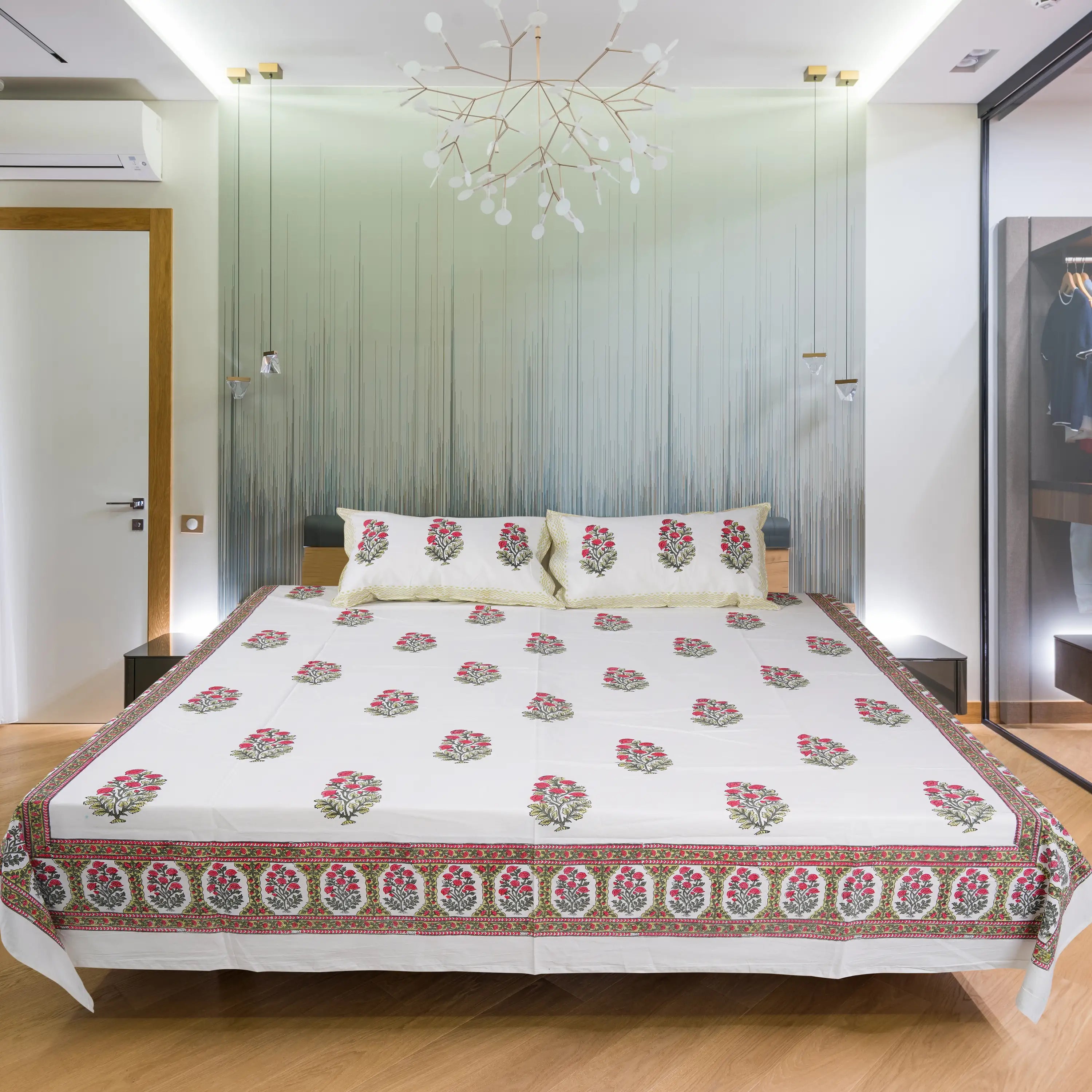 Red Flower Hand Block Cotton Bedsheet Set