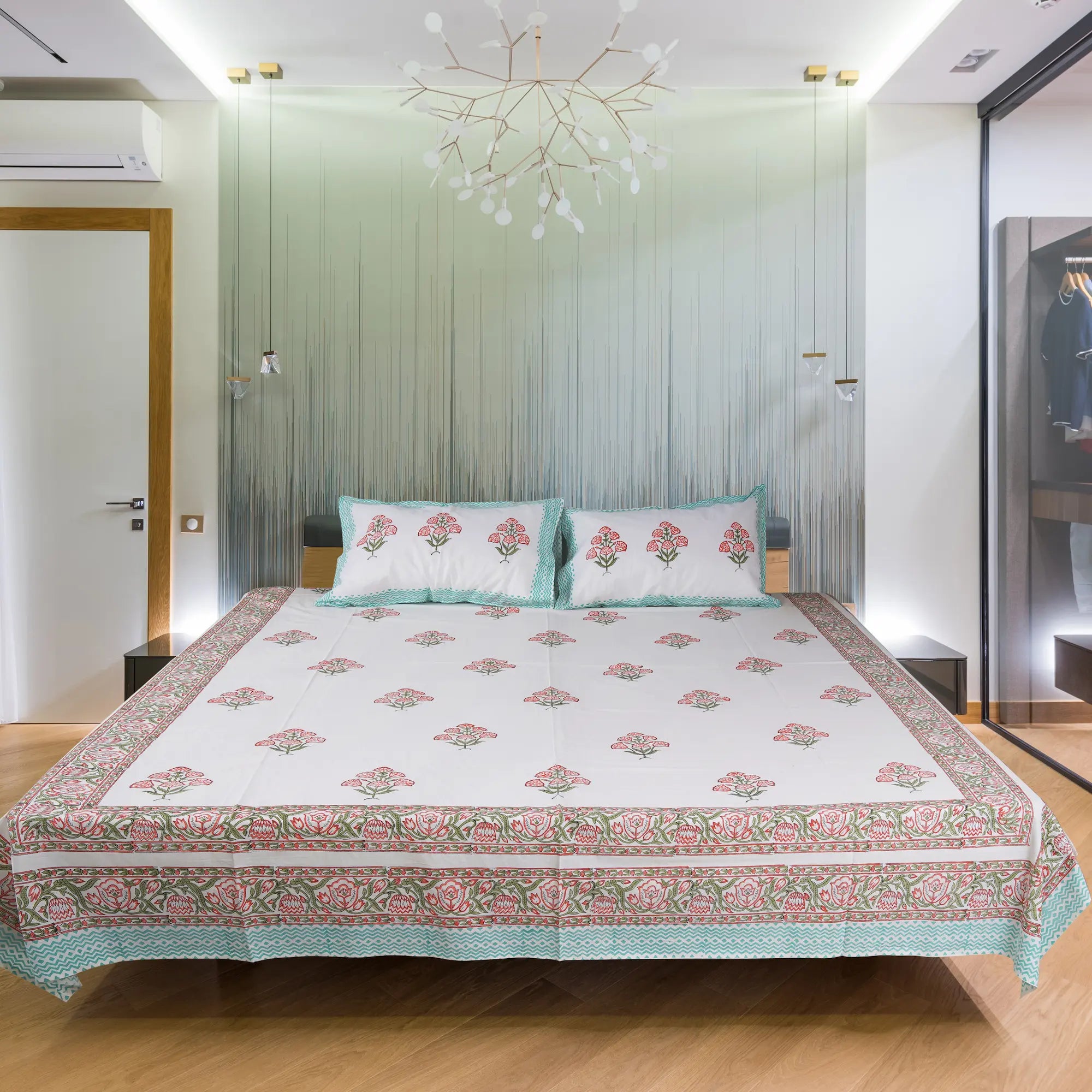 Six Flower Hand Block Cotton Bedsheet Set