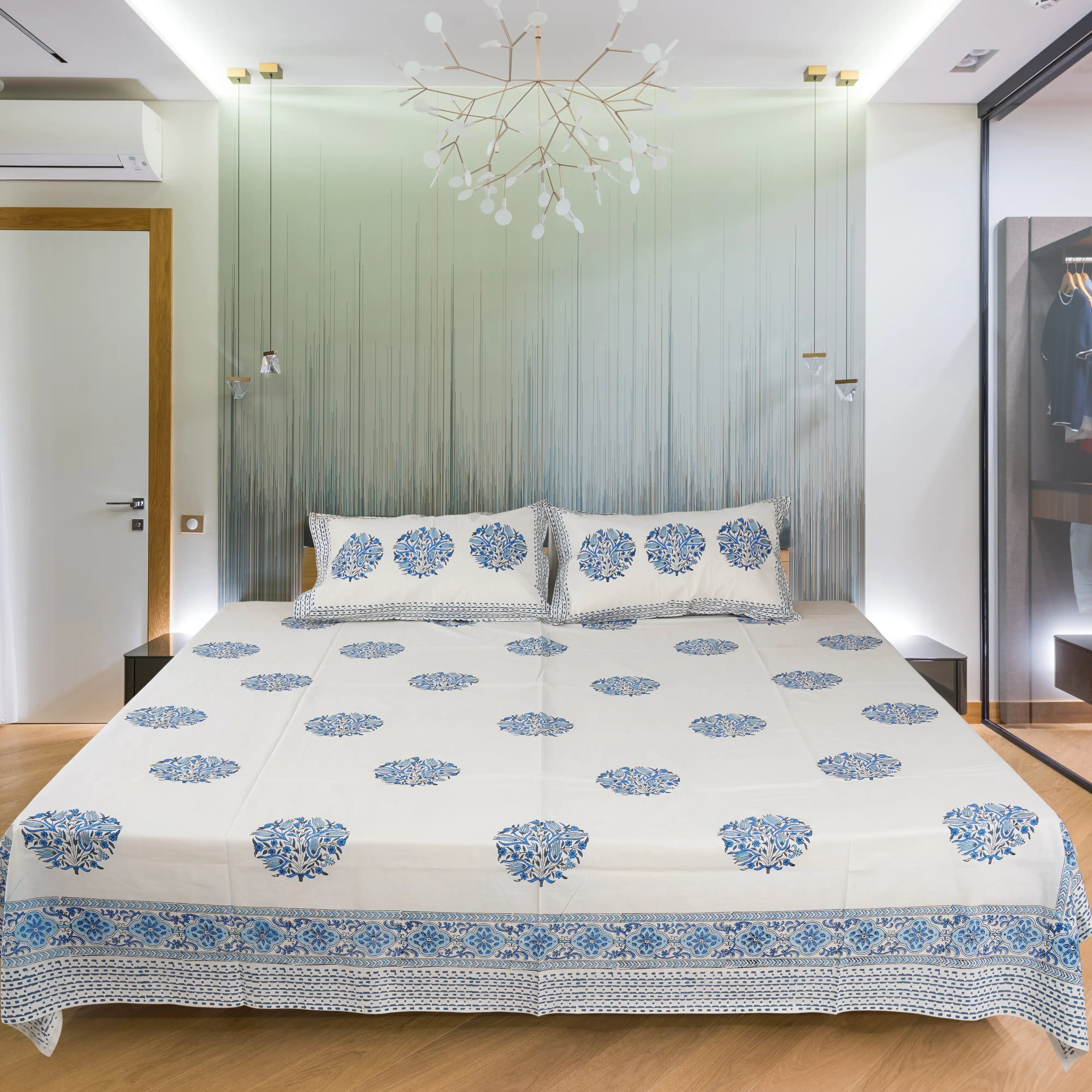 Blue Motif Hand Block Cotton Bedsheet Set