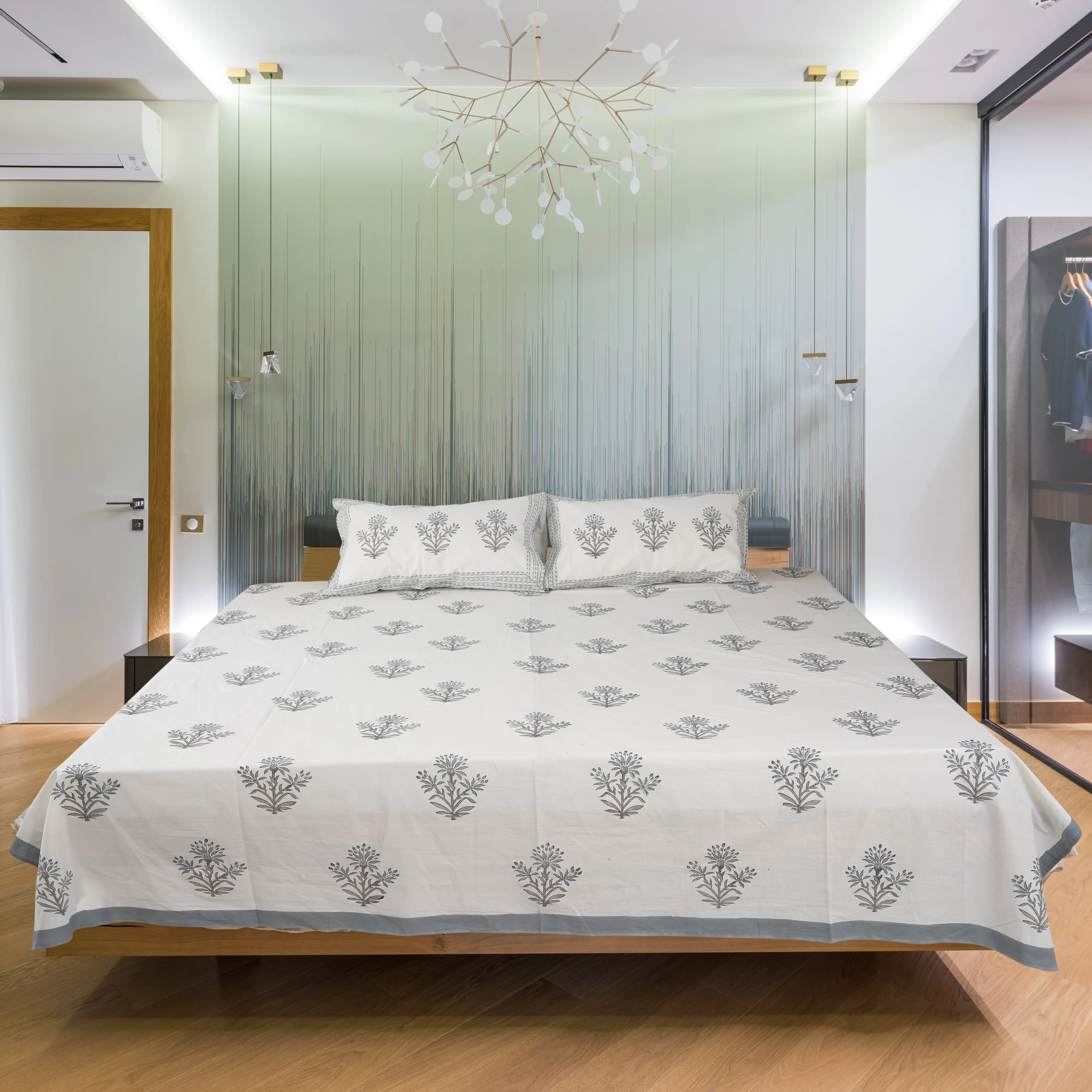 Gray Plant Hand Block Cotton Bedsheet Set