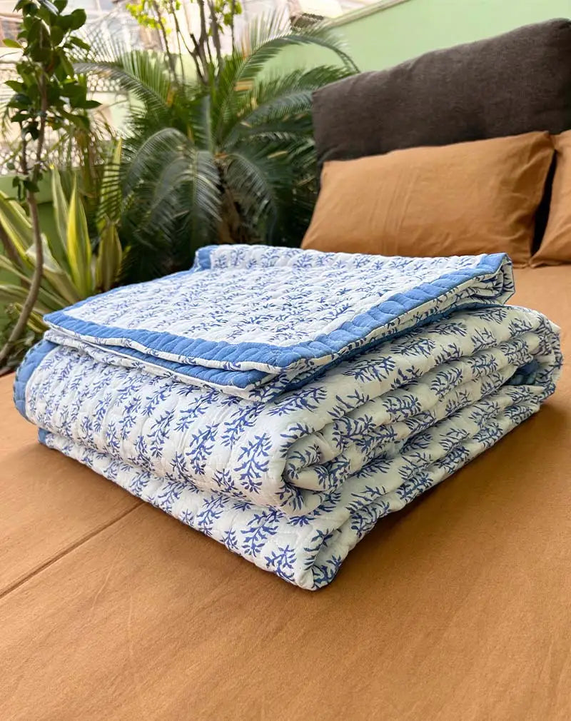 Blue Herb Hand Block Quilted Cotton Bedcover
