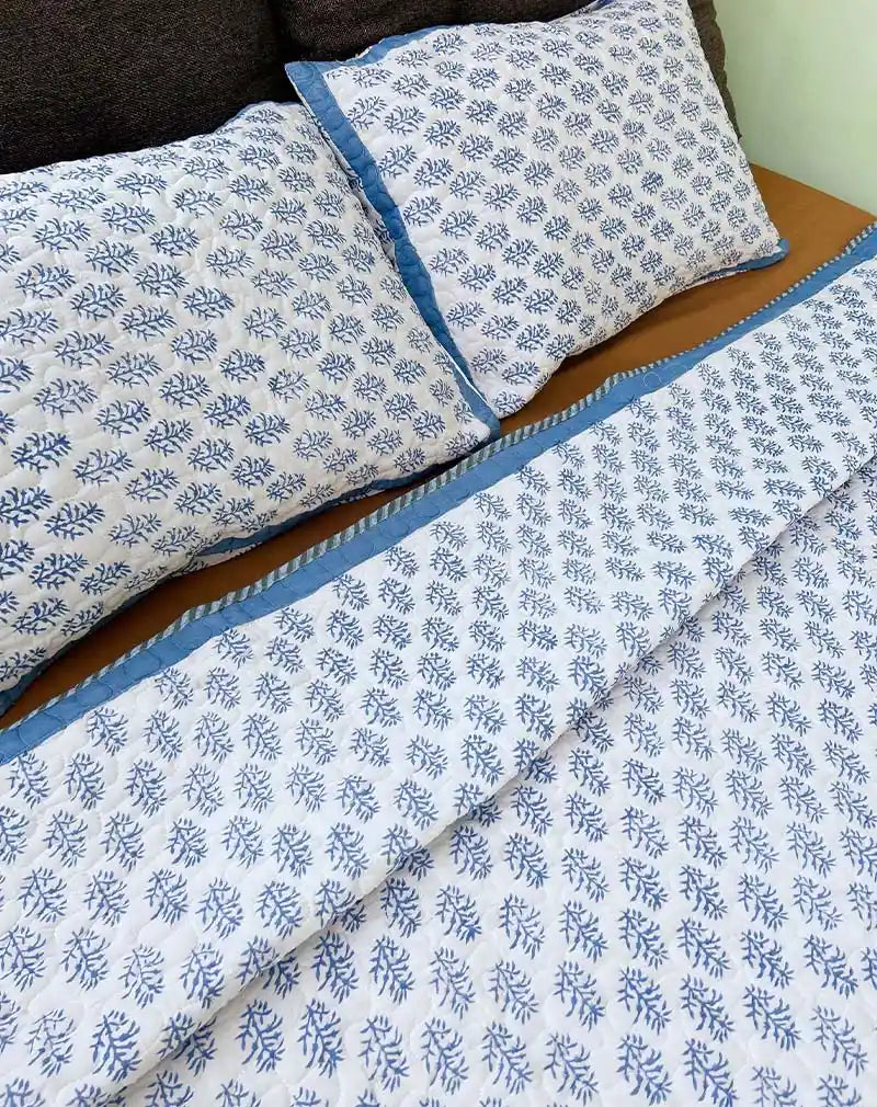 Blue Herb Hand Block Quilted Cotton Bedcover