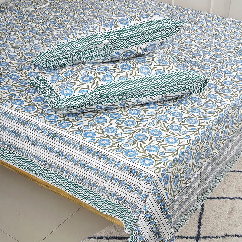 Blue Valley Hand Block Printed Cotton Bedsheet Set