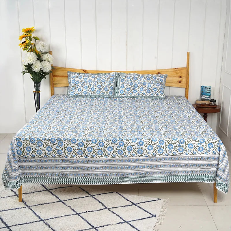 Blue Valley Hand Block Printed Cotton Bedsheet Set