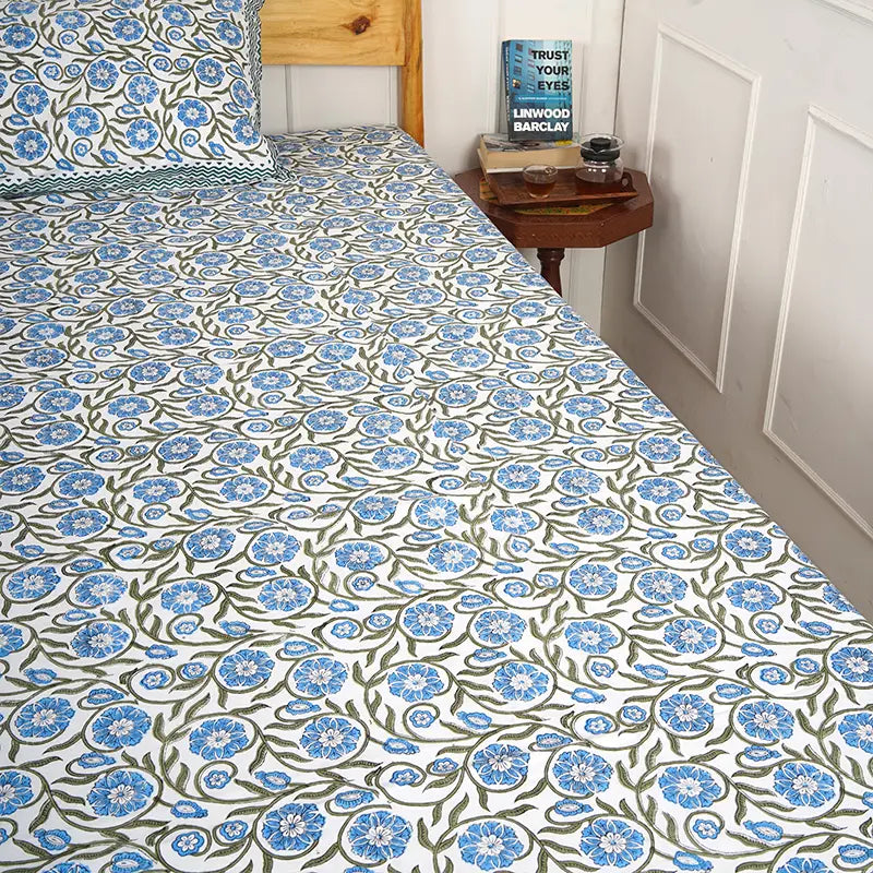 Blue Valley Hand Block Printed Cotton Bedsheet Set