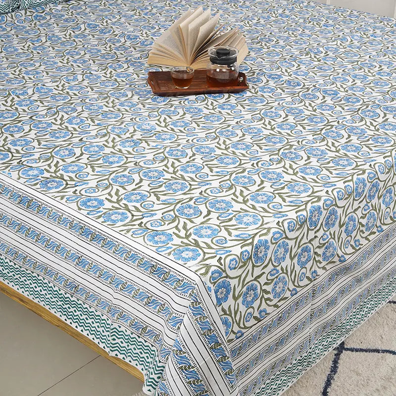 Blue Valley Hand Block Printed Cotton Bedsheet Set
