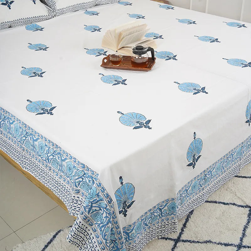 Floral Blue Hand Block Printed Cotton Bedsheet Set
