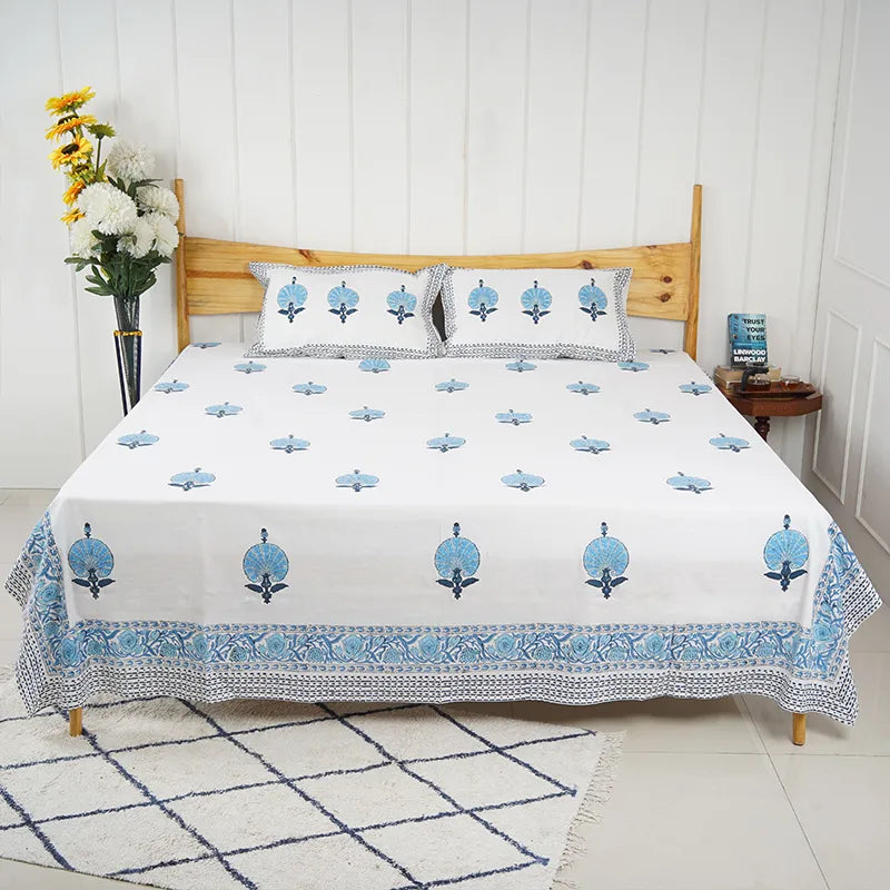 Floral Blue Hand Block Printed Cotton Bedsheet Set