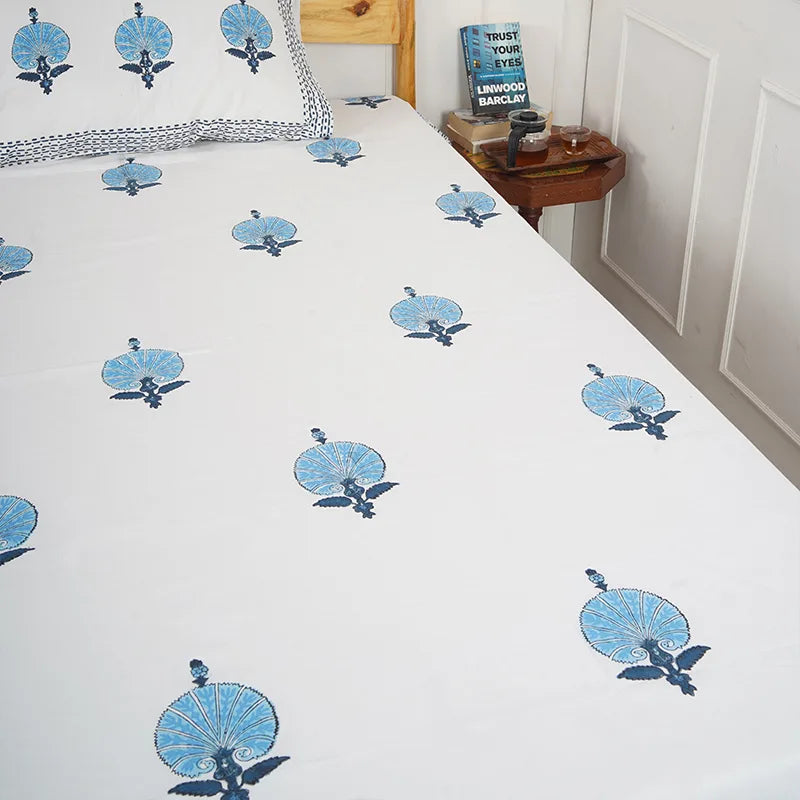 Floral Blue Hand Block Printed Cotton Bedsheet Set